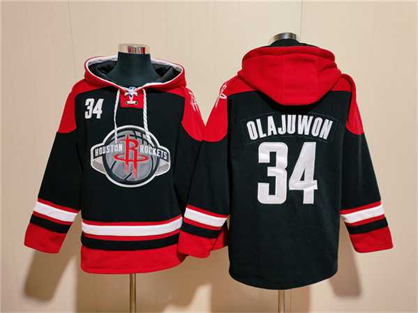 Men's Houston Rockets #34 Hakeem Olajuwon Black Red Lace-Up Pullover Hoodie,We sell and wholesale Men's Houston Rockets #34 Hakeem Olajuwon Black Red Lace-Up Pullover Hoodie on line form chian!